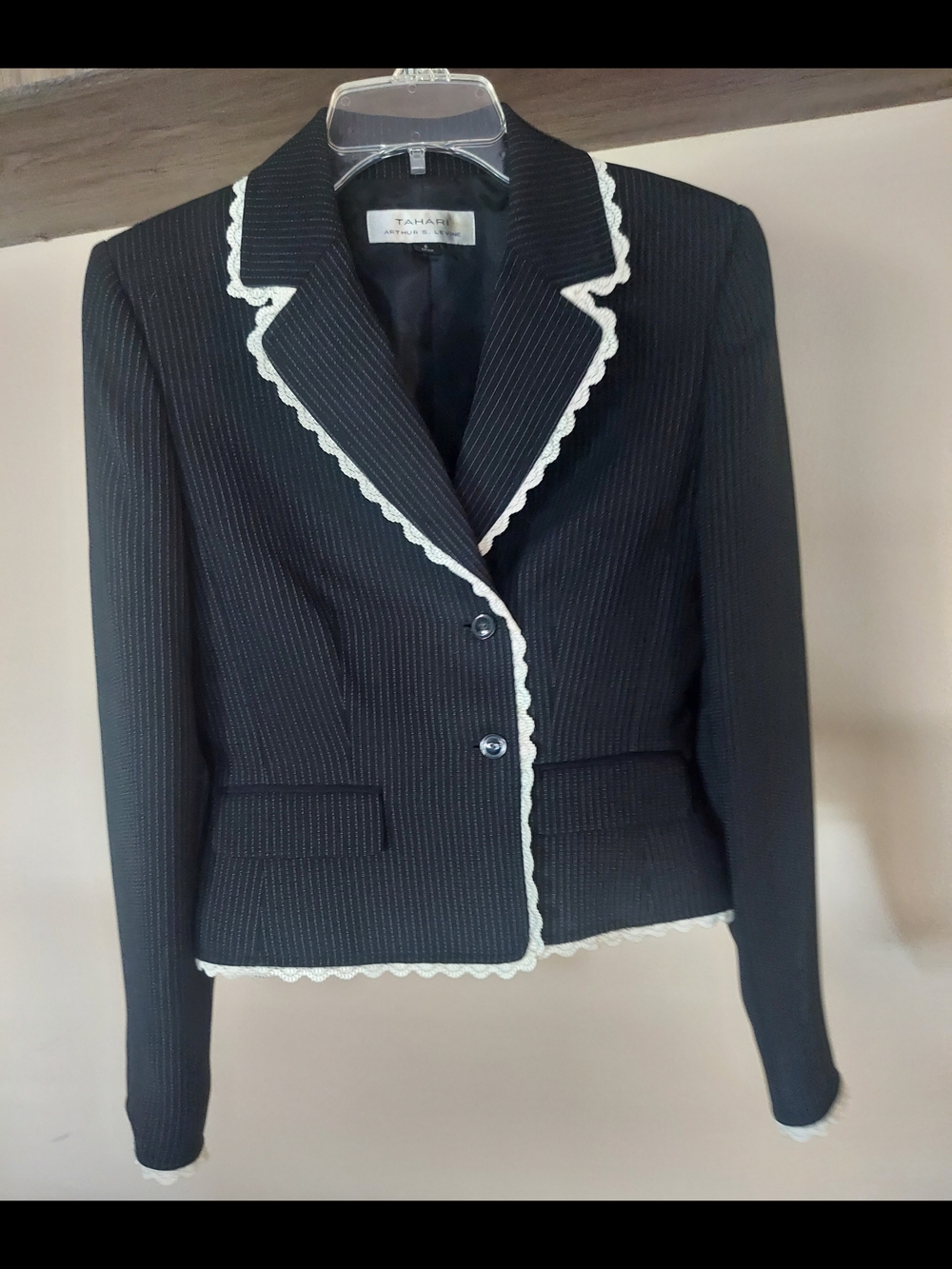 Tahari Women's Black Pinstripe Skirt Suit Jacket with White Scalloped Trim